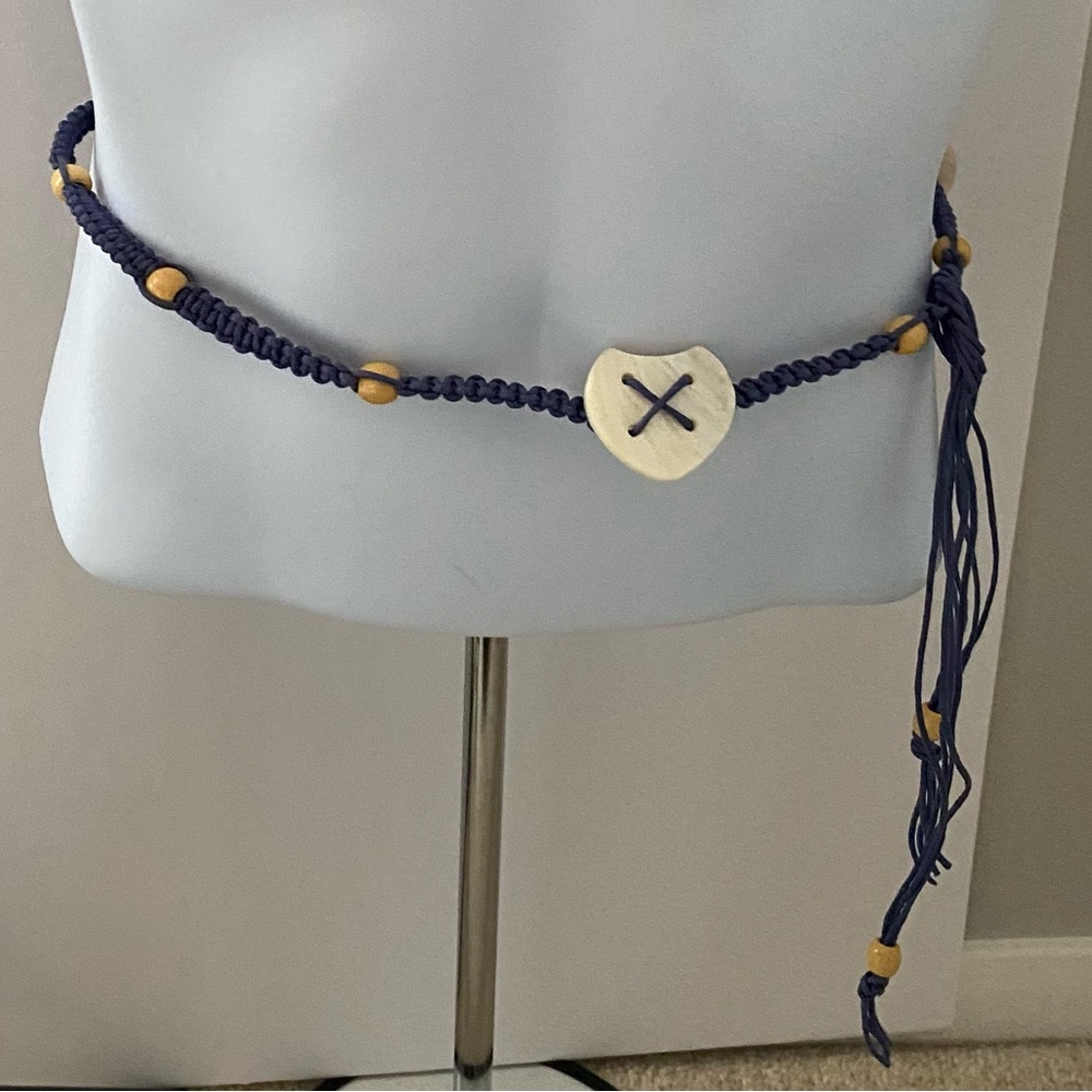 Boho Macramé Navy Waist Belt with Shell Heart Accents ~54 inches long